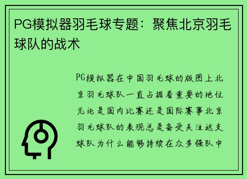 PG模拟器羽毛球专题：聚焦北京羽毛球队的战术
